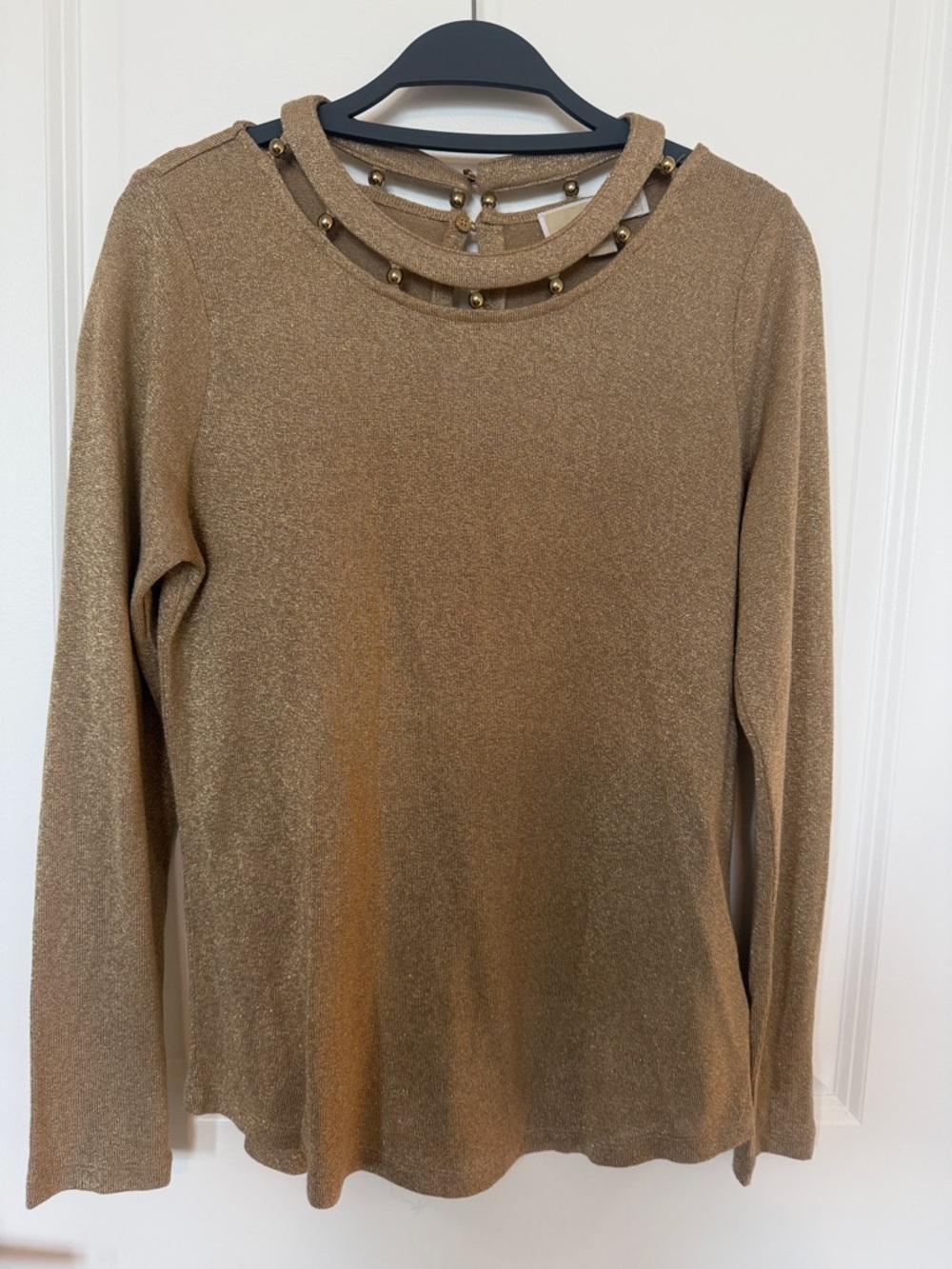 Michael Kors Metallic Gold Long-Sleeve Top with Studded Cutout Neckline